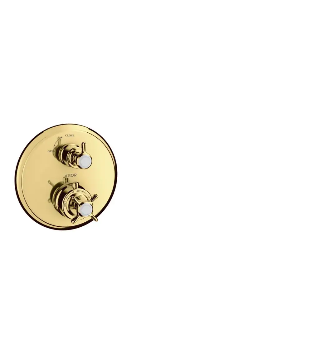 Thermostat-Unterputzsystem mit Kreuzgriff und Absperrventil in Polished Gold Optic, entworfen von AXOR. Geeignet für die Montage in Badezimmern.
